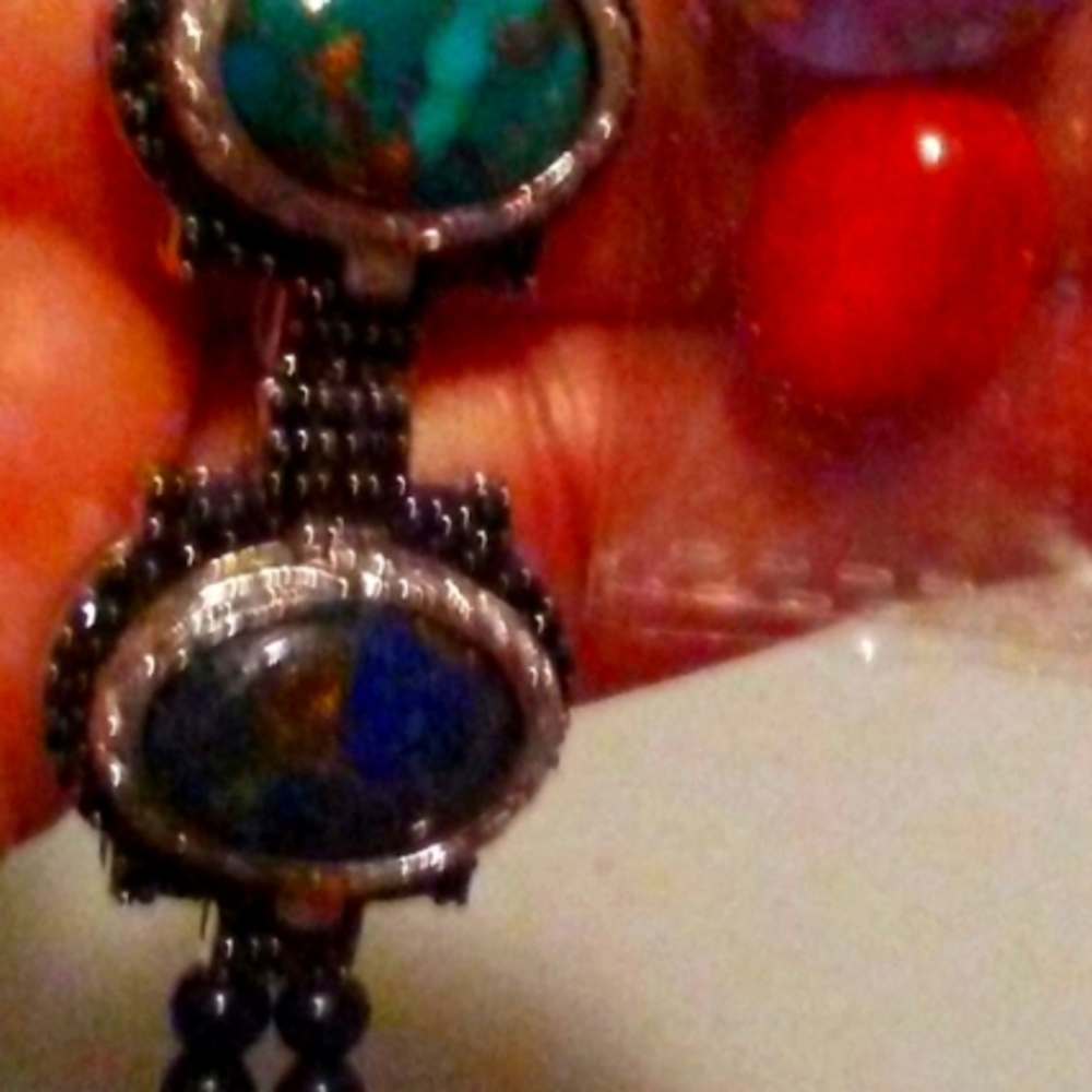 COPPER MOJAVE MULTI COLOR TURQUOISE BRACELET SET W/ BLACK JADE AND BLACK SPINEL